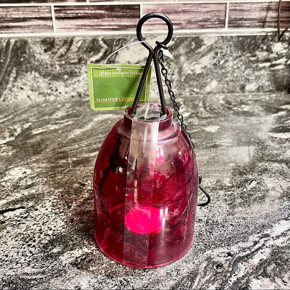 🌸3/$25 🆕 Wrought Iron and Glass Red Hanging Tea-light Holder Small Lantern - Picture 7 of 11